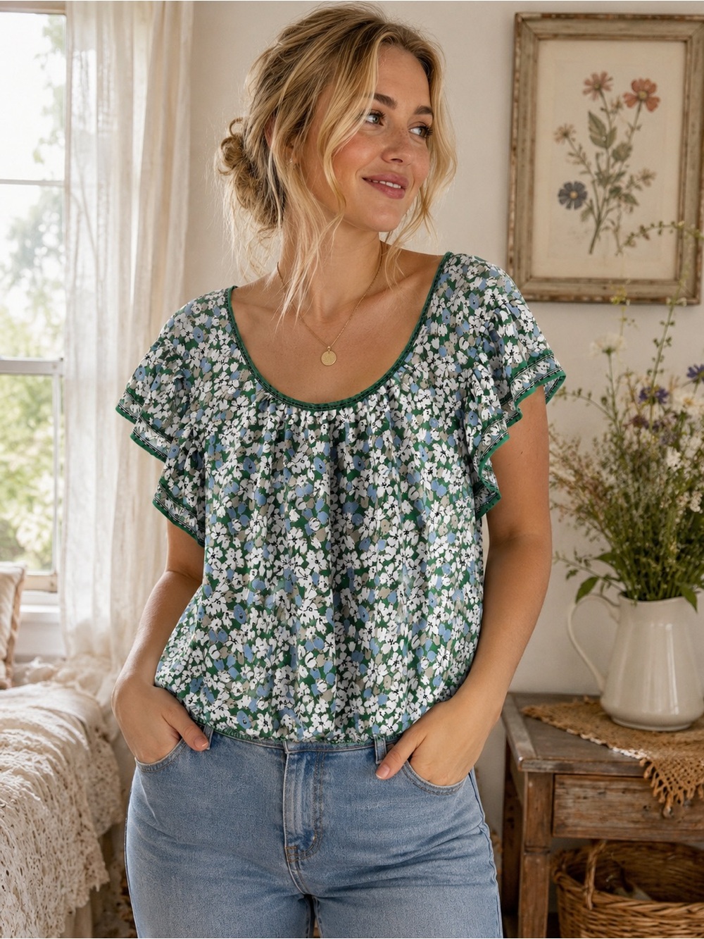 Max Studio Floral Flutter Sleeve Blouse – Size Large